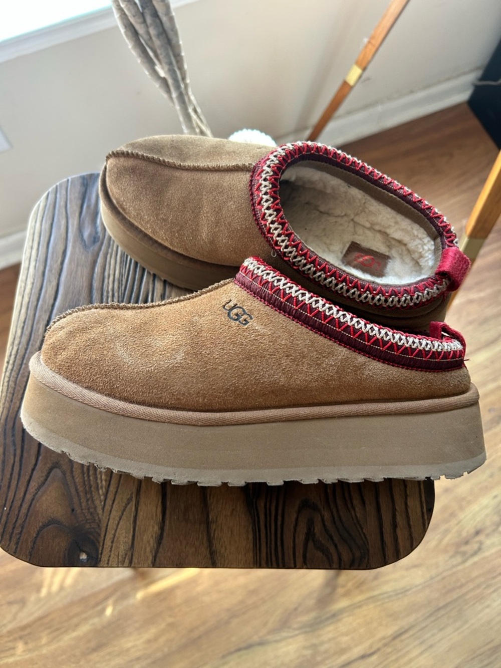 UGG Chestnut Suede Mules with Red Trim
